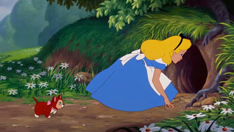 Alice looking down the rabbit hole in the animated film.