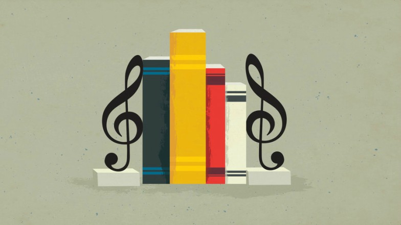 Book graphic between two treble clefs.
