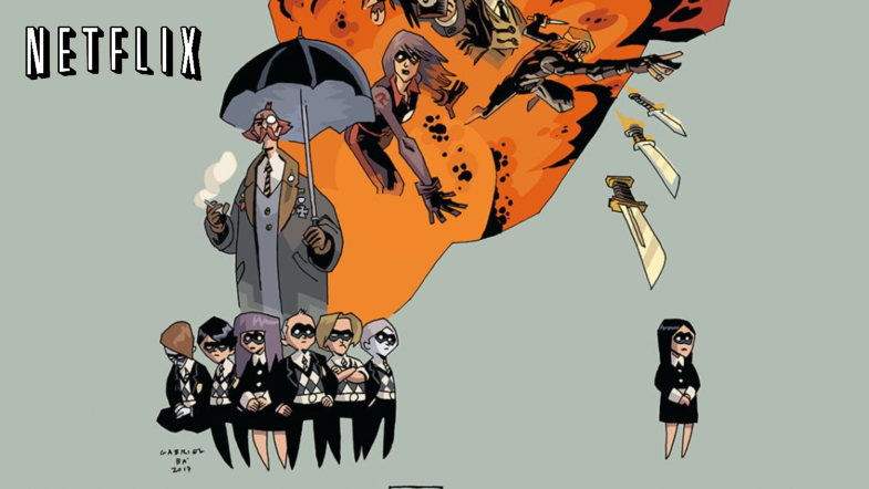 Netflix logo and promotional image for 'The Umbrella Academy'