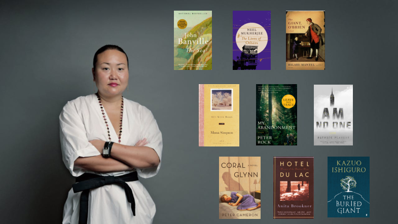 Hanya Yanagihara standing in front of a dark gray backdrop, images of each book cover mentioned in this article are superimposed beside her.