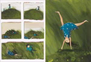 'The Funeral' illustration depicting a child cartwheeling in the graveyard