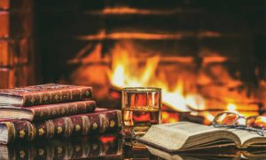 A book, a fire, and a cup of whiskey