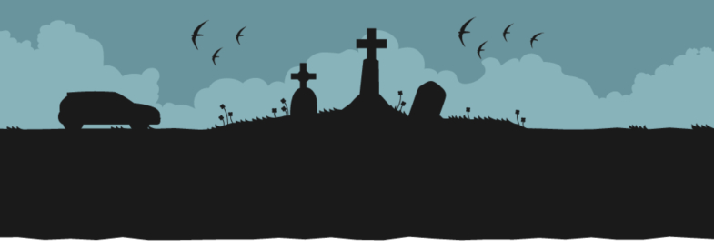 A graphic of silhouetted tombstones
