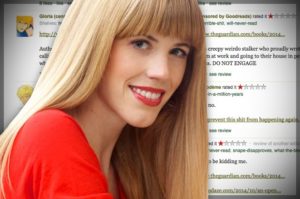 Kathleen Hale superimposed over a series of bad reviews