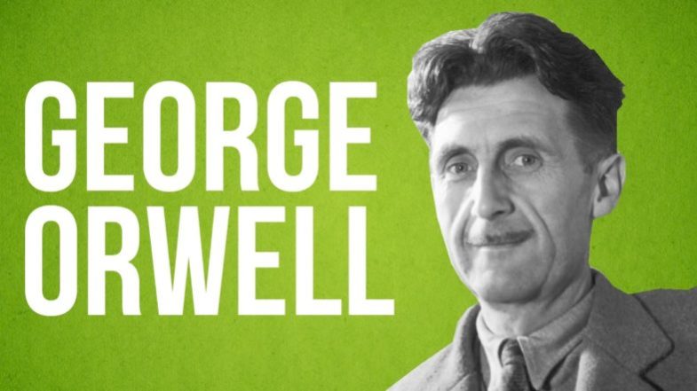 George Orwell photograph over green background