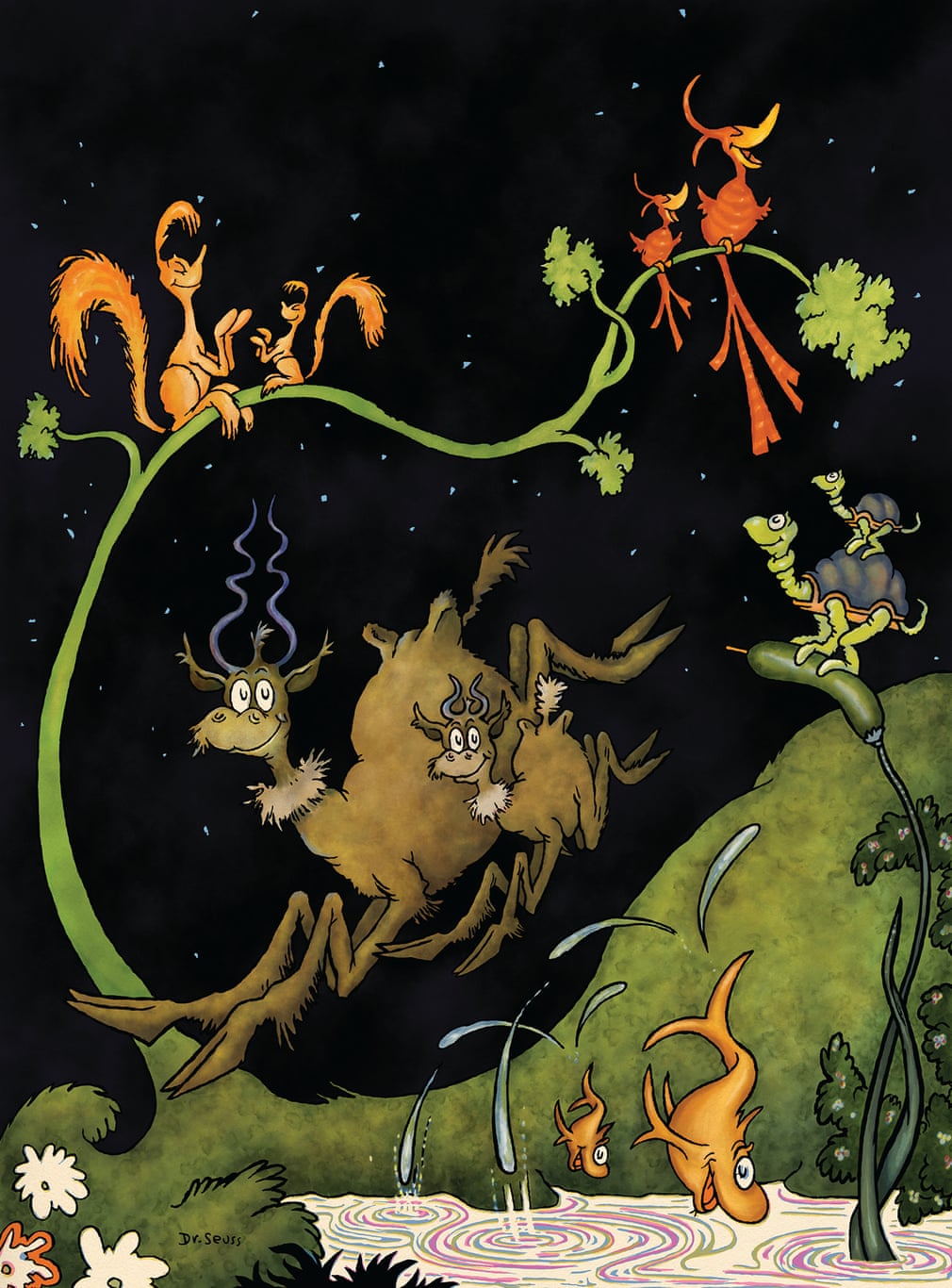 A painting featuring surreal images of animals prancing across a starlit grassland, with fish jumping happily in a nearby pond