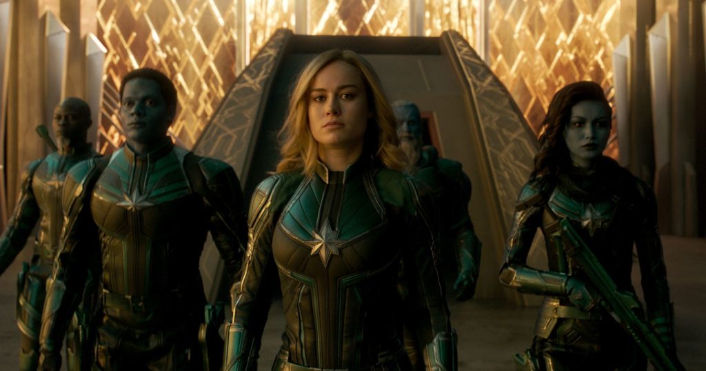 Captain Marvel stands tall in a group shot from the film