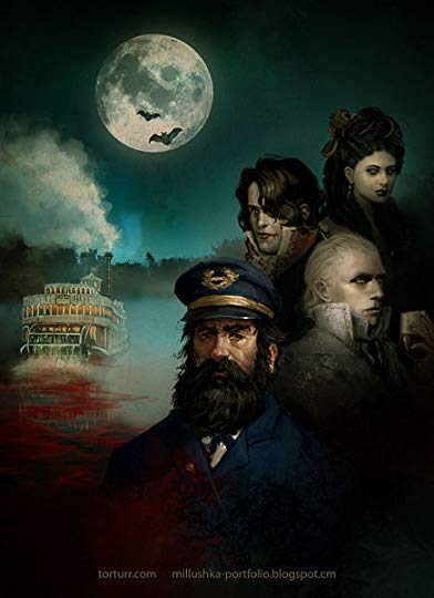 The cover to Fevre Dream by George R.R. Martin, featuring the principal cast against a river, the moon high above and a steam boat rushing through the water, trailing blood