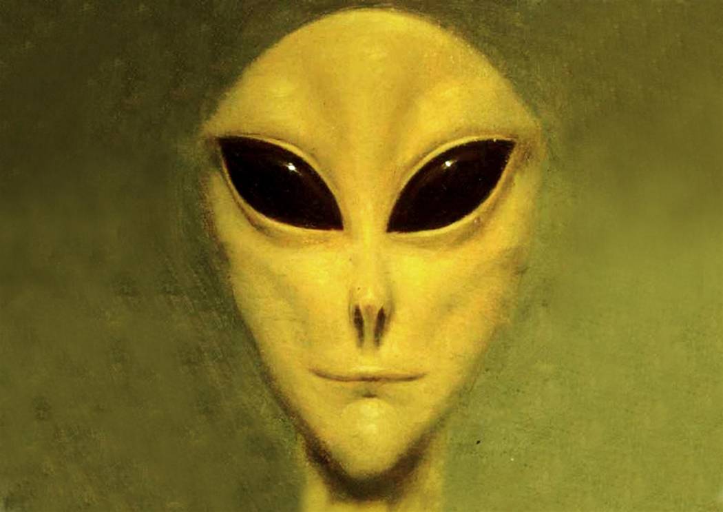 A portrait of an alien, showing a strange humanoid with dark slant eyes and a slit-like nose
