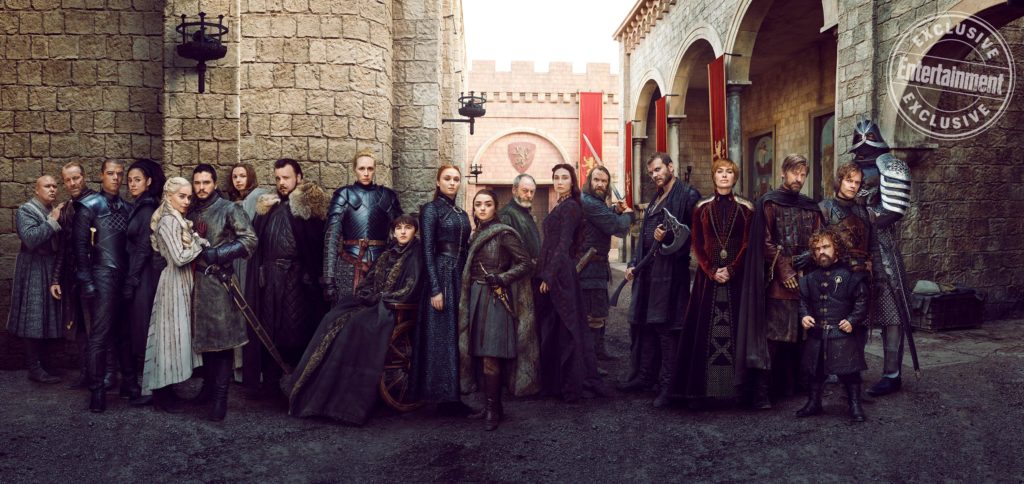 The cast of Game of Thrones stand assembled in a mighty group picture 