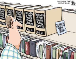 Encyclopedic volumes on benefits of libraries, brochure of downsides