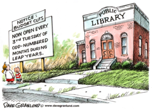 Cartoon depicts library budget cuts leading to closings