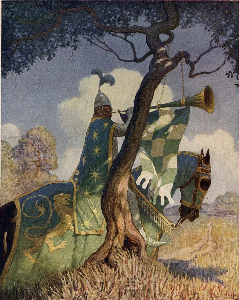 An image of the Green Knight preparing for battle, hailing from the Boy's King Arthur by Sidney Lanier