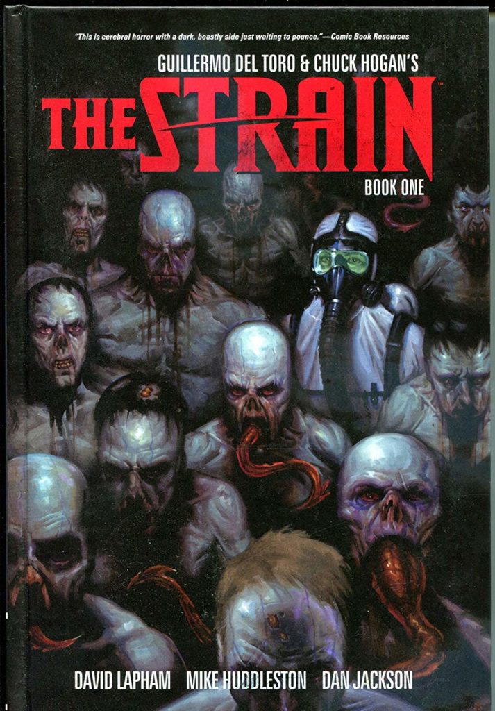 The cover to the Strain, featuring a man in a hazmat suit and a horde of long tongued vampires
