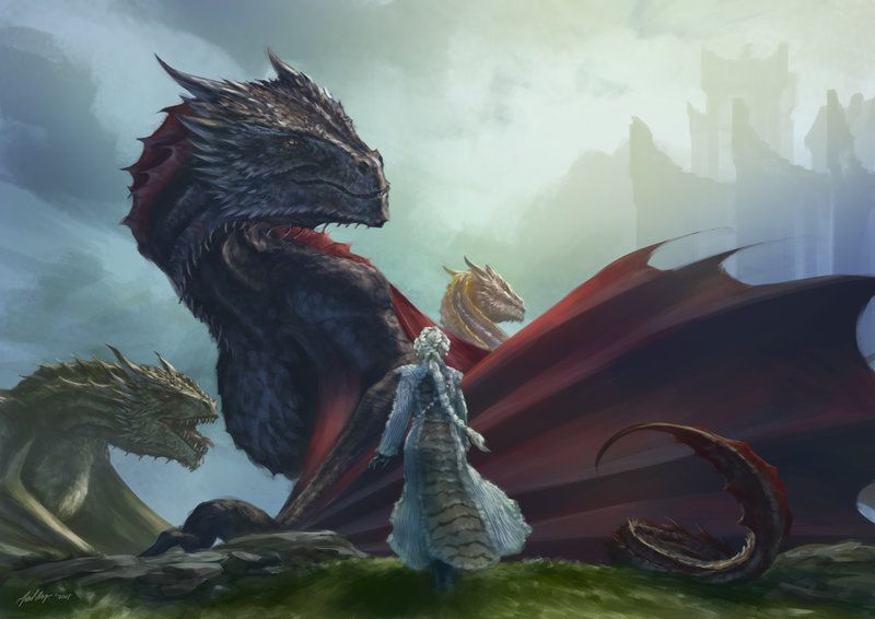 The three dragons of Game of Thrones sitting with their master, Daenyrus, on an island
