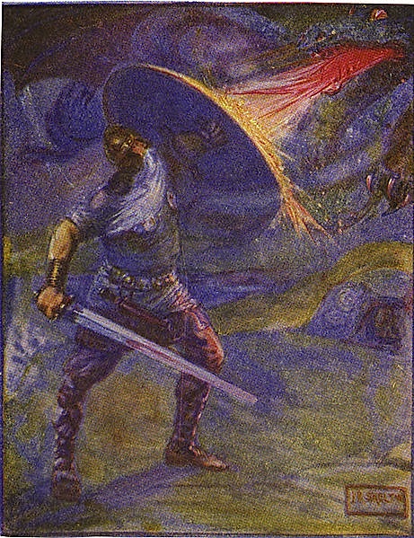 Beowulf blocks the dragon's fire as he does battle with the beast 