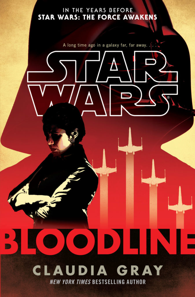 Princess Leia stands in the shadow of her father, Darth Vader, as X-wings fly in the background of the novel Bloodline