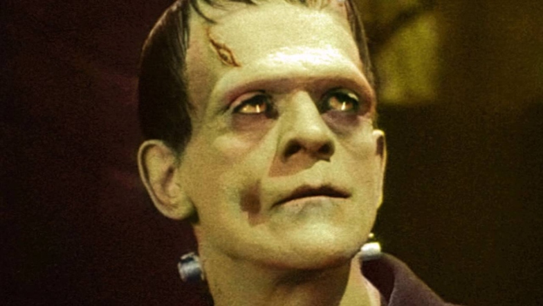 Color photo of Frankenstein's monster looking upwards