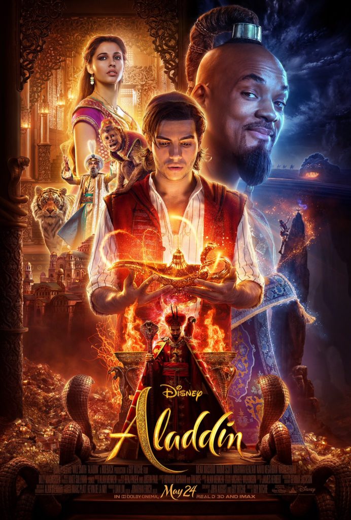 Poster for Disney's Aladdin, showcasing Aladdin, Jasmine, the Genie, and Jafar composed together