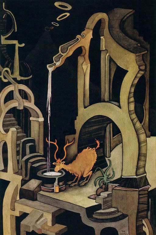 A deer drinks from a twisted water spout while surrounded by a strange, surreal world of light and shadow in this painting by Dr. Seuss