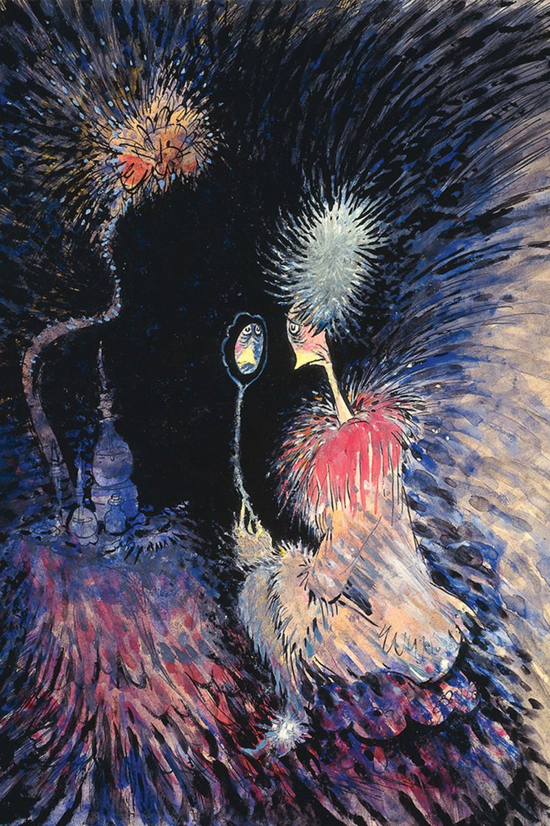 A bird-like creature gazes into a mirror sadly while surrounded by a splendor of color