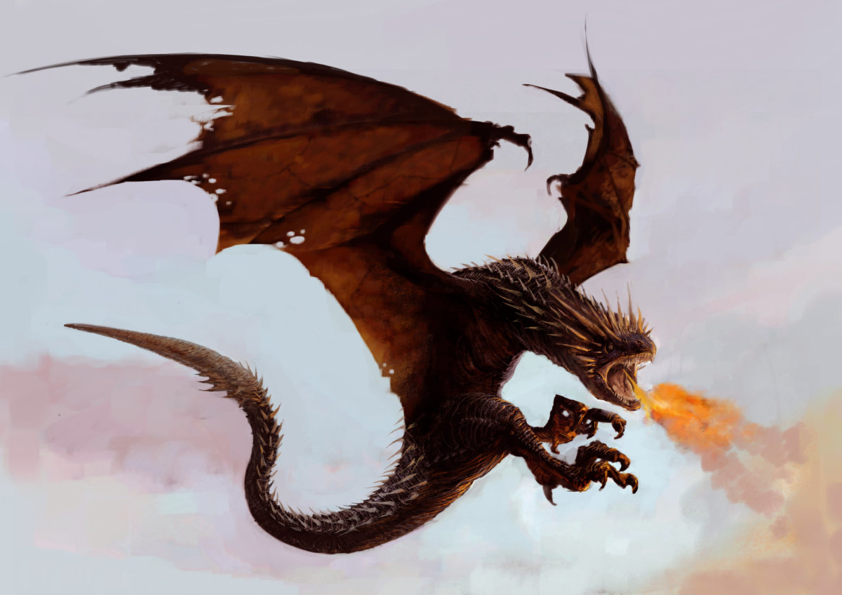 A Hungarian horntail, a dragon, flies against the sky and breathes fire