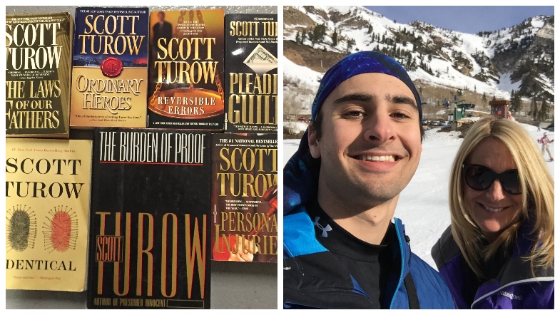 A collection of Scott Turow titles, beside a photograph of missing hiker Jesse Galganov with his mother