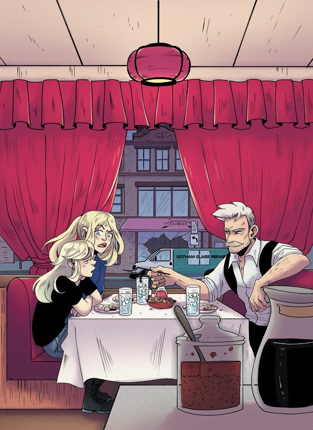 Dinah Lance sits with her parents around a table over dinner, arguing 
