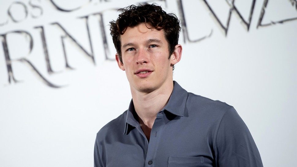 Callum Turner stands underneath a bright white sign for 'Grindlewad' at its premiere 