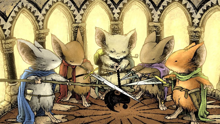The main cast of the first Mouse Guard graphic novel hold their swords together