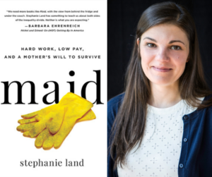 Stephanie Land beside a cover of "The Maid"