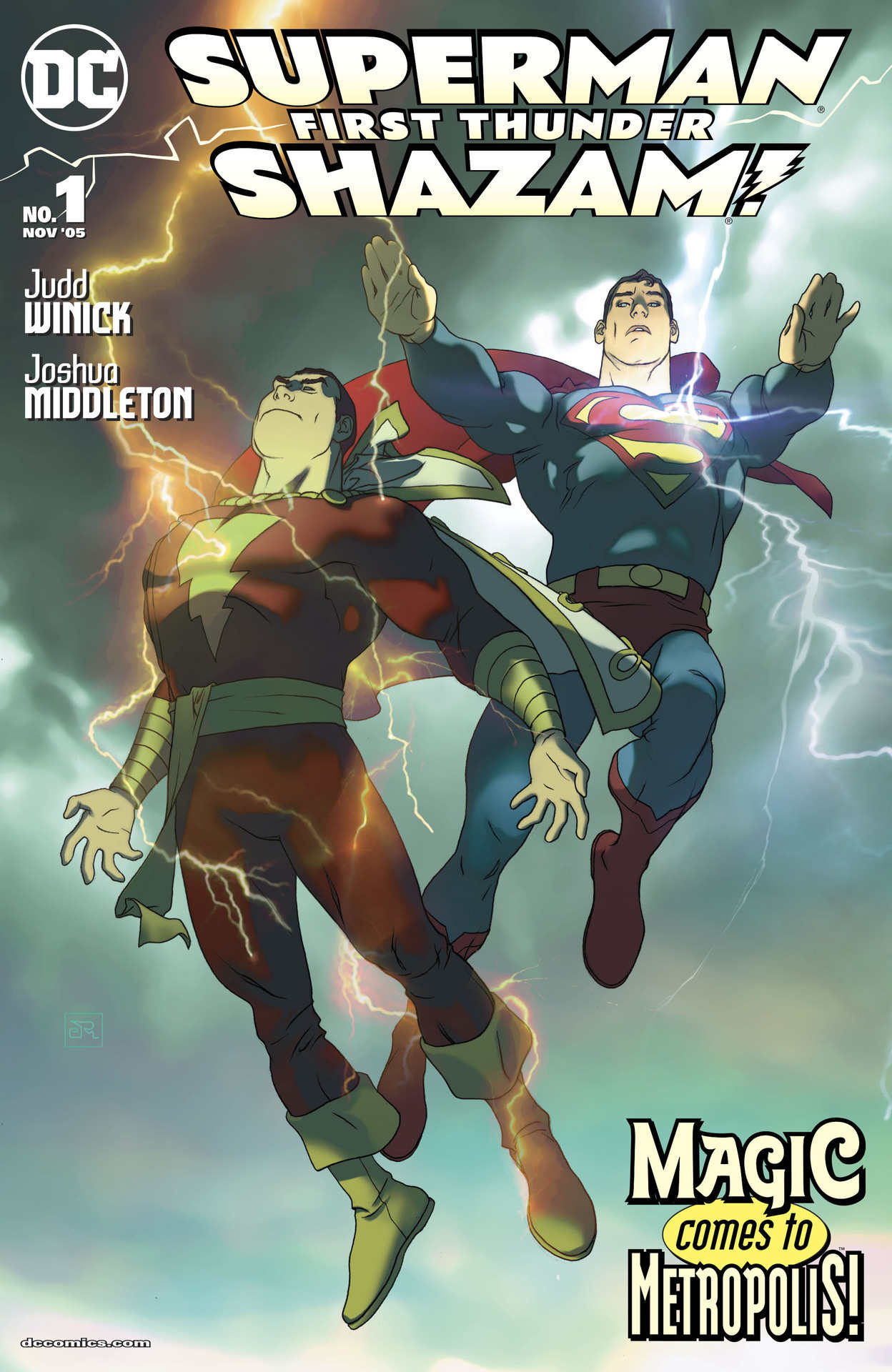 Cover featuring Shazam and Superman in lightening