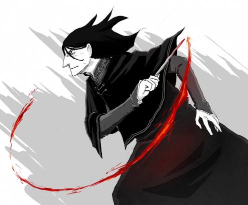 Severus Snape slashes his wand through the air, leaving a trail of blood behind it