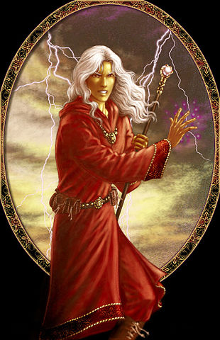 Rastilin, a wizard, stands before an open window as lightning flashes behind him