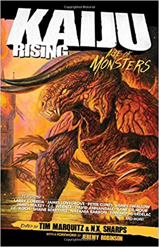 A giant monster looms large in a burning city 