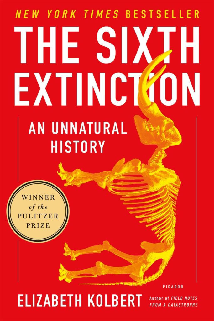 A skeleton of a mammoth on the cover of The Sixth Extinction
