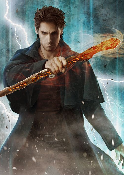 The wizard Harry Dresden clutches a staff covered in runes before a raging storm