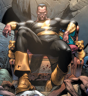 Black Adam sits on a throne as a king