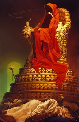 The Crimson King, a figure in a red robe, features hidden, sits on a throne of skulls with a crumpled form sitting before him