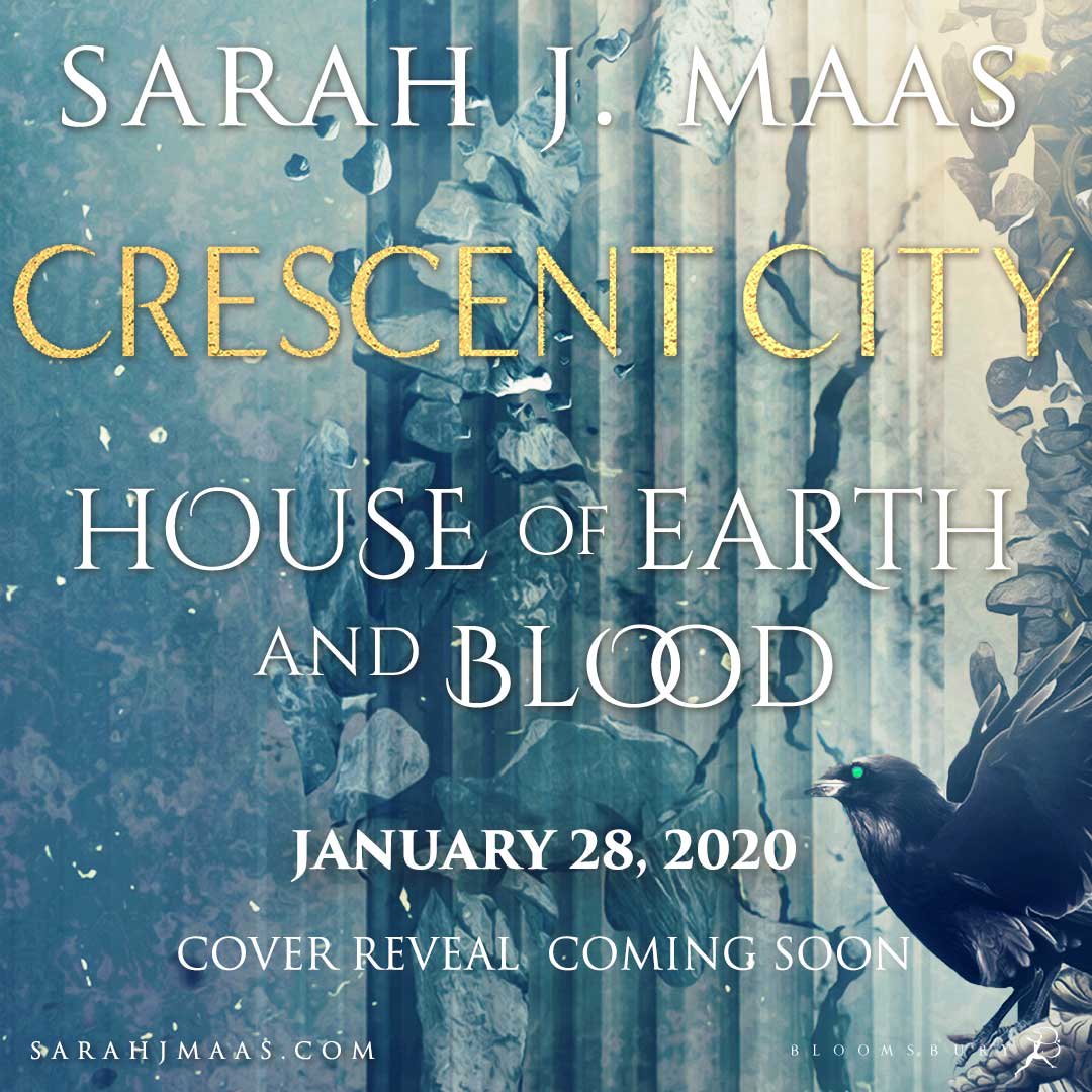 The cover to Crescent City by Sarah J Maas, featuring a cracked column with a crow roosting