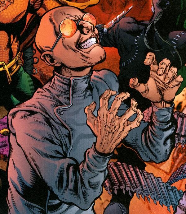 Dr. Sivana basks in the glow of a flaming inferno, which is reflected in his glasses