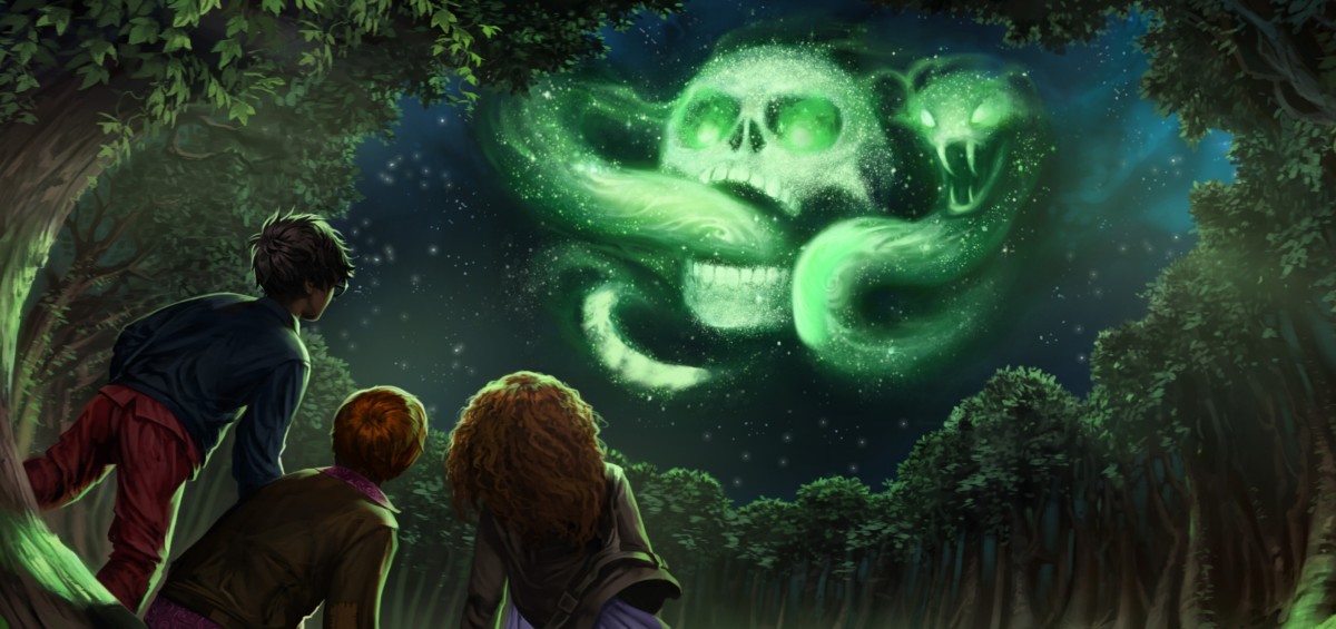 The Dark Mark floats high in the forest above Harry, Ron, and Hermione, a skull with a serpent slithering through it
