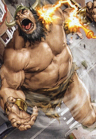 The monstrous caveman King Kill rampages through a city
