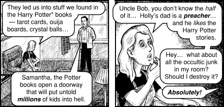 A comic depicting the 'dangers' of the Harry Potter series by Jack Chick