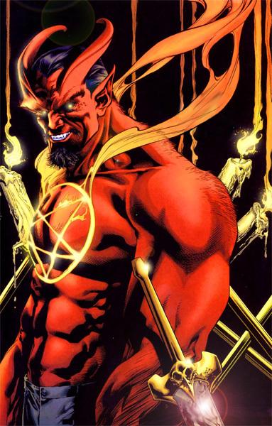 The demon Sabbac, surrounded by flames, candles, and swords with a pentagram carved into his chest