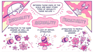 The book explains the difference between bisexuality, asexuality, and pansexuality, three LGBT+ identities which may be confusing to some.