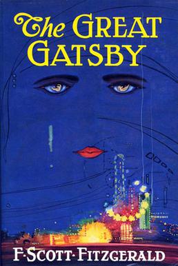 Cover of the Great Gatsby, featuring a pair of eyes and lips over a glowing neon city