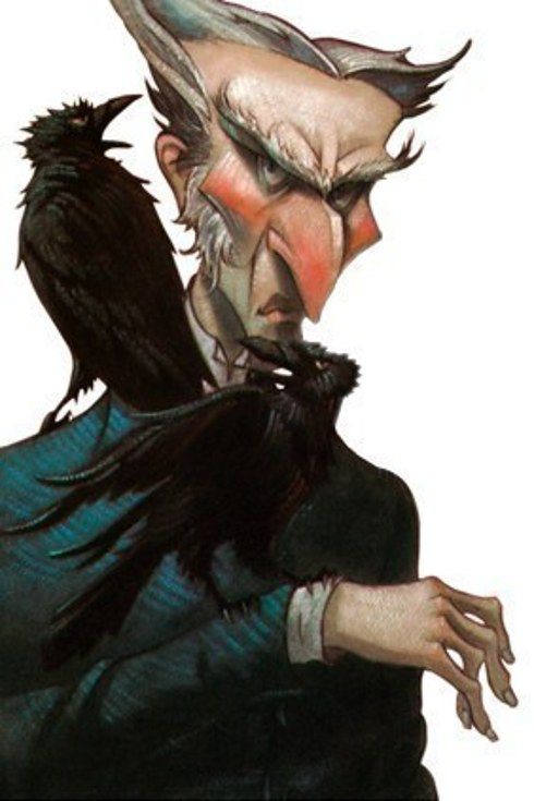 The villainous Count Olaf stands with two crows perched on his shoulder and arm