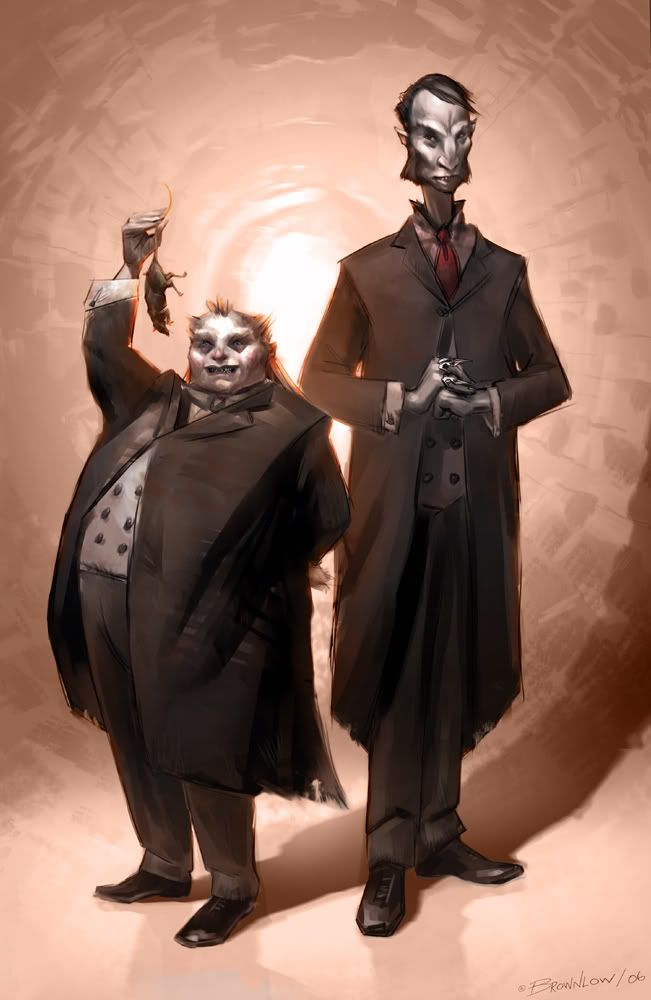 Croup and Vandemar, two brutish thugs of inhuman disposition stand next to each other in victorian dress