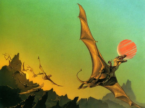 A flight of dragons passes under an alien sky, the leader read by a woman